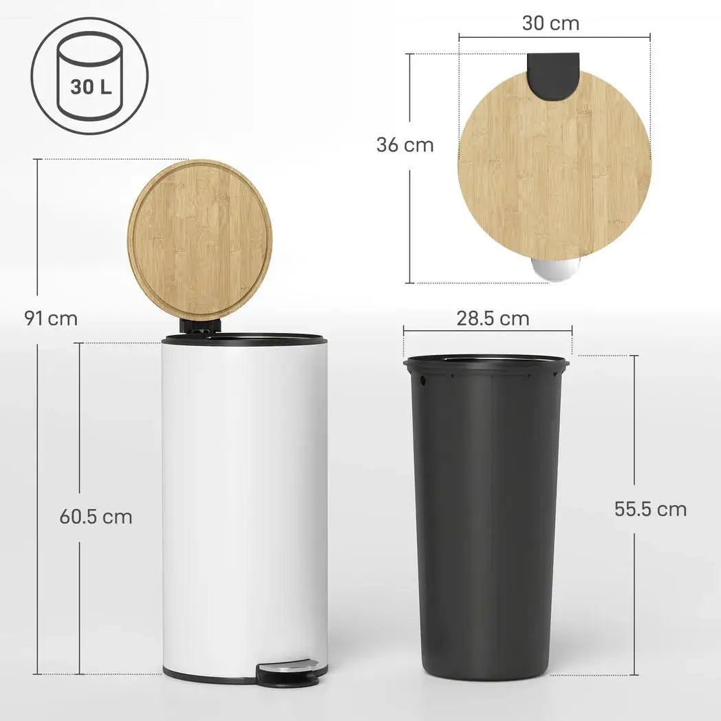 HOMCOM Kitchen Bin, 30 Litre Pedal Rubbish Bin with Removable Bucket, White and Natural - from HOMCOM