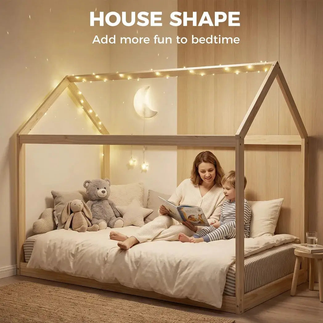 HOMCOM Single Bed Frame, House Scandinavian Wooden Bed Frame for 90W x 190Dcm Mattress, Pine Wood Bed Base, Natural Wood Finish - from HOMCOM