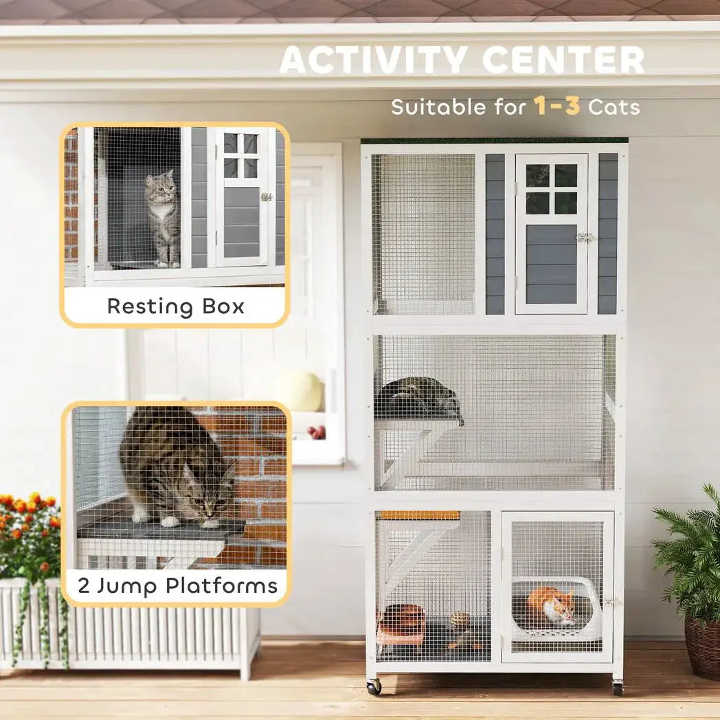 PawHut Wooden Catio Cat Outdoor Enclosure, Cat Cage with Waterproof Roof, Platforms, for Multiple Cats, White - from PawHut