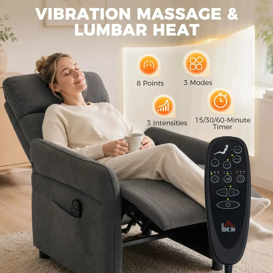 HOMCOM Recliner Armchair, Push Back Recliner Chair with Massage & Heat, Adjustable Armrests, Dual Side Pockets, Dark Grey - from HOMCOM