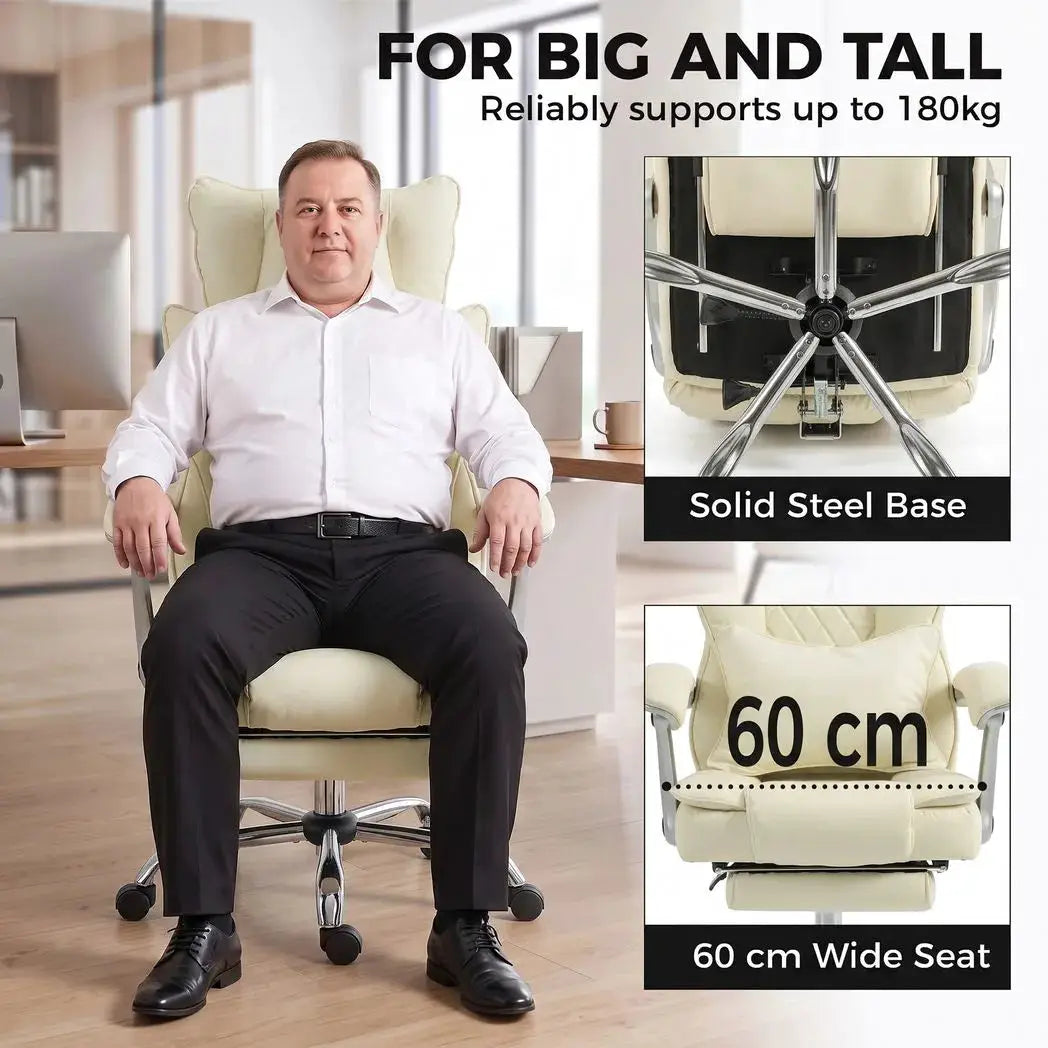 HOMCOM Executive Office Chair, PU Big and Tall Office Chair 180 kg with Wide Seat, Reclining, Lumbar Support, Beige - from HOMCOM