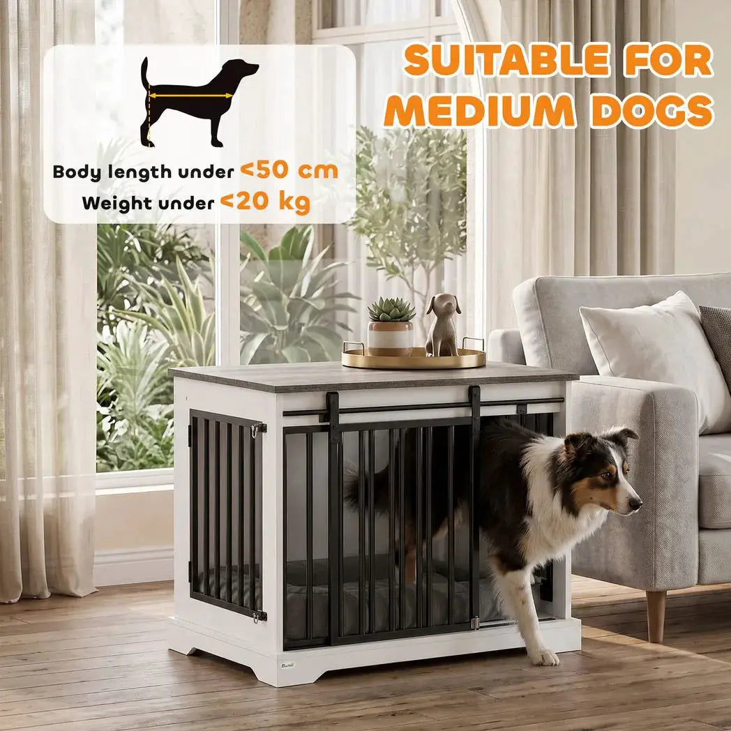 PawHut 80 cm Dog Crate Furniture with Sliding Barn Door for Medium Dogs, White - from PawHut