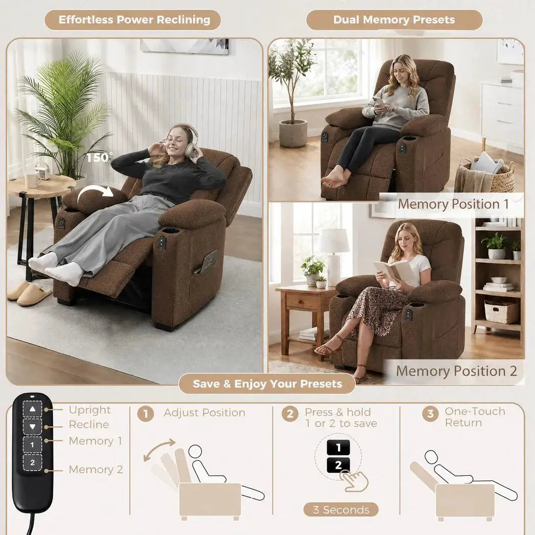 HOMCOM Electric Massage Recliner Armchair with Vibration, Heat, Whisper-Quiet Motor, Memory Function, Fleece Power Reclining Chair with Spring Pack, USB Port, Footrest, Side Pocket, Brown - from HOMCOM