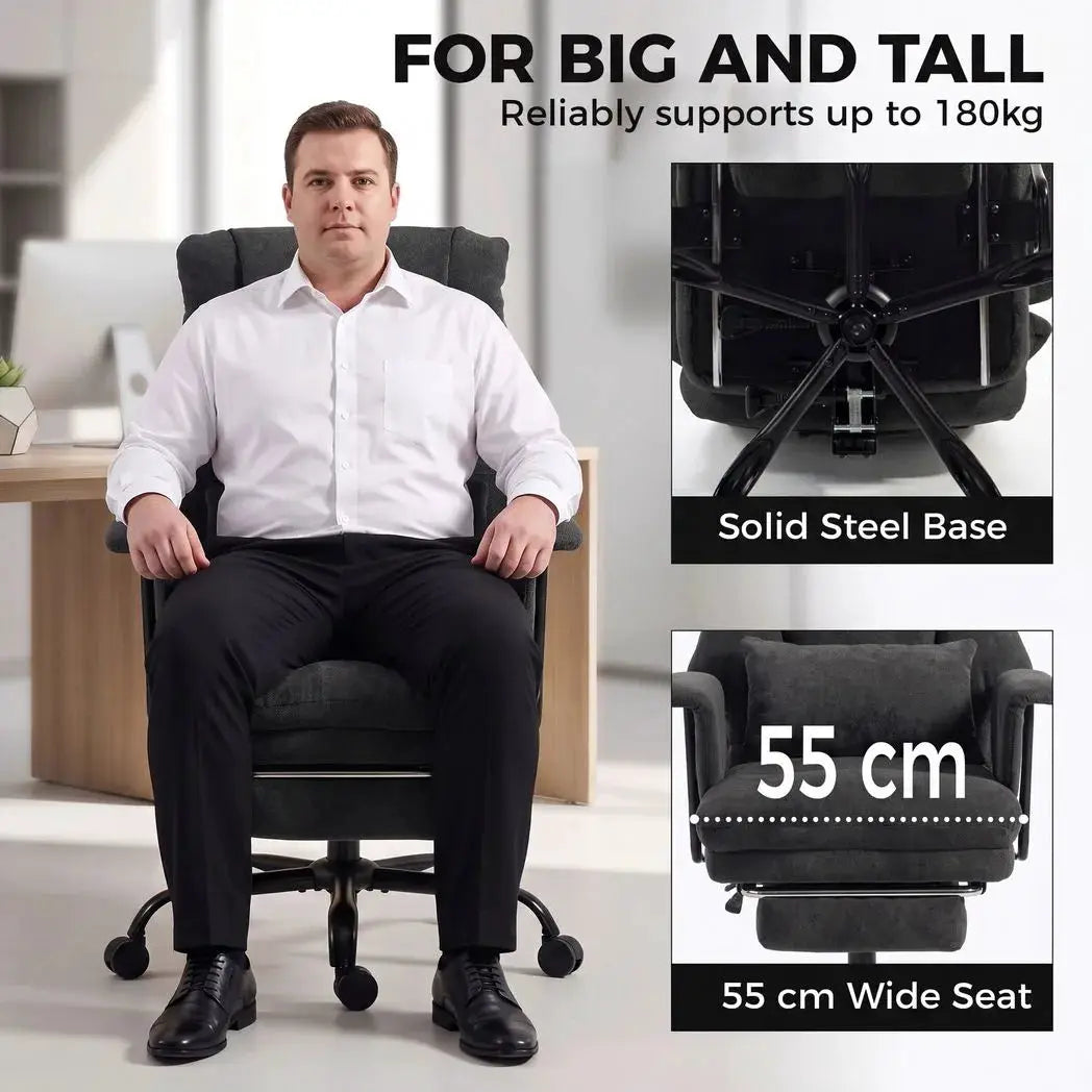 HOMCOM Office Chair, 180kg Heavy Duty Linen Computer Desk Chair with Lumbar Support, Wide Seat, Spring Cushion, Black - from HOMCOM