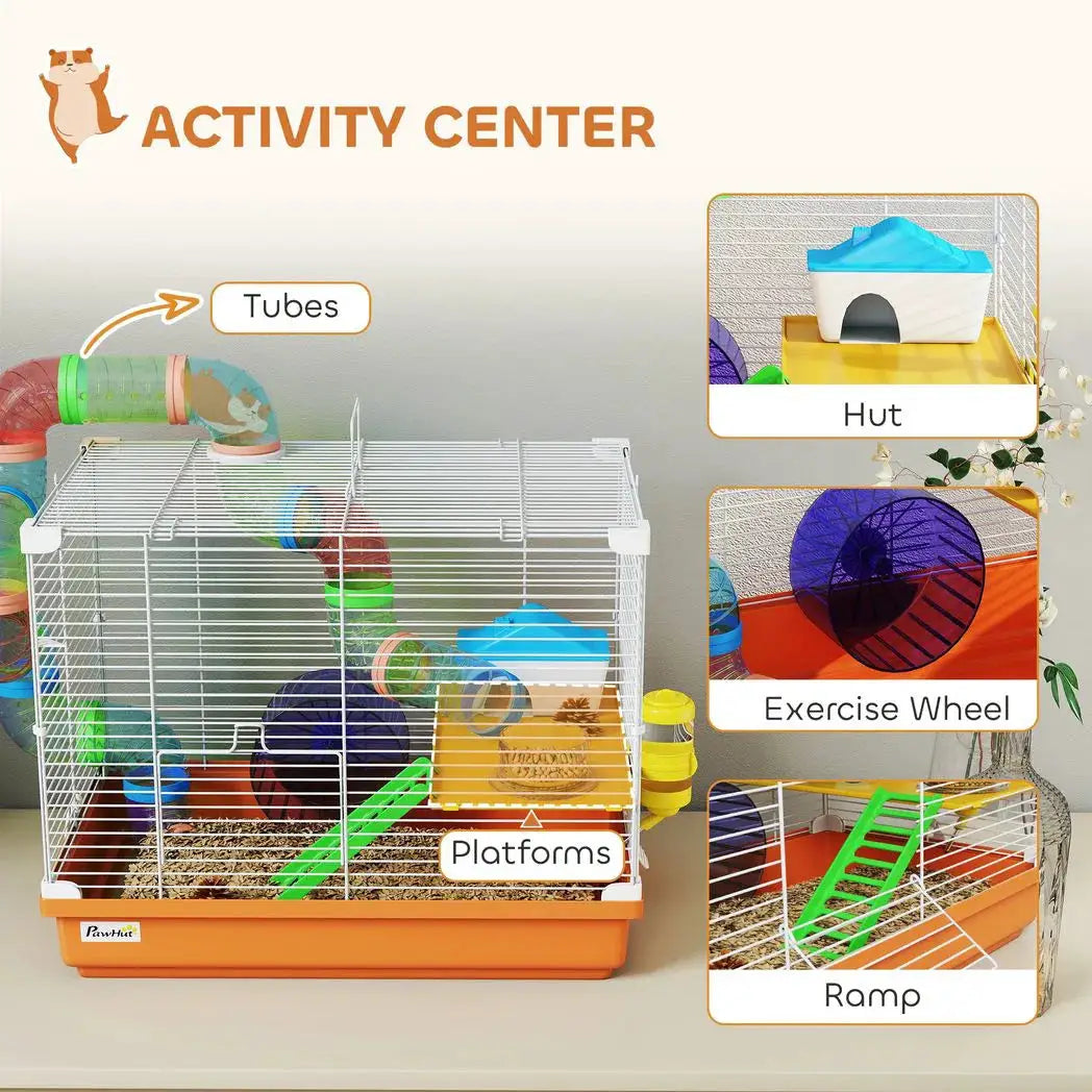 PawHut 2 Tier Hamster Cage, Gerbil Cage with Handle, Exercise Wheels, Tunnel, Water Bottle, Dishes, Ladder, for Dwarf - from PawHut