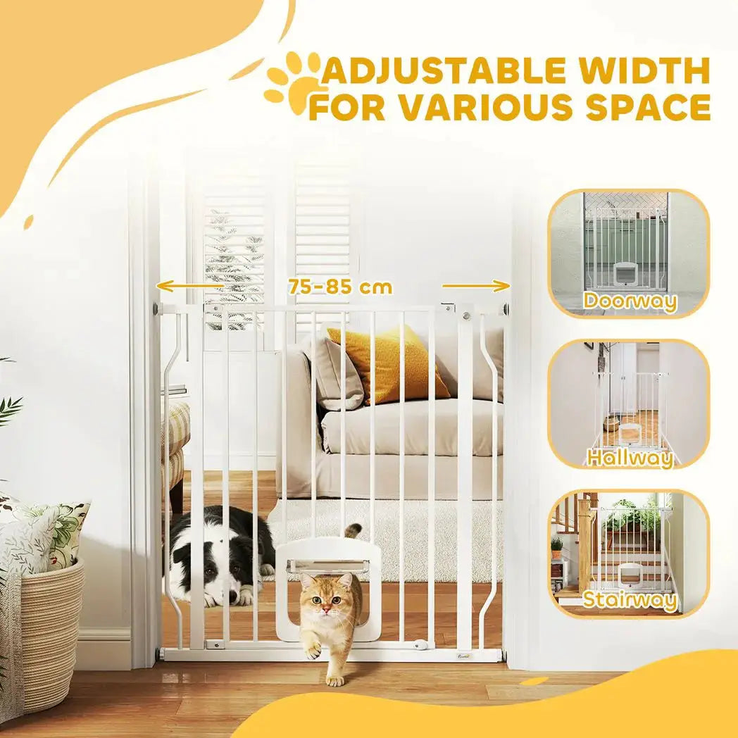 PawHut Adjustable Pet Gate with Cat Door, Pressure Fit Barrier for Doorway and Hallway, 75-85 cm, White - from PawHut