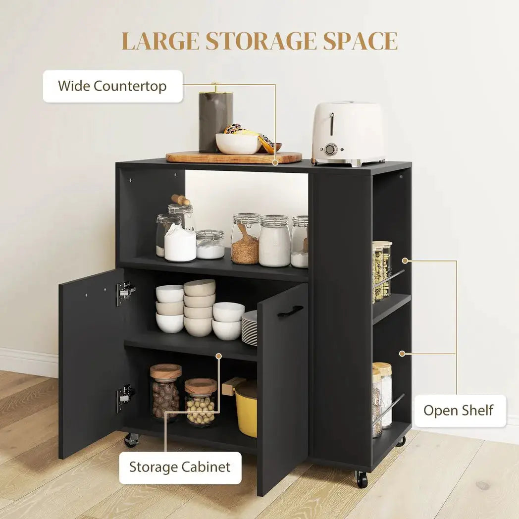HOMCOM Kitchen Trolley on Wheels, Rolling Kitchen Island Cart with 2-Door Cabinet, Spice Rack and Adjustable Shelf, Black - from HOMCOM