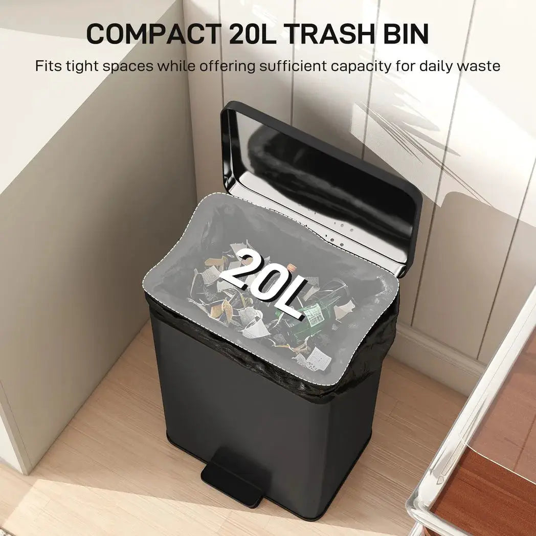 HOMCOM 20L Kitchen Bin with Soft-Close Lid and Stay-Open Function, Stainless Steel Pedal Bin with Removable Inner Bucket for Kitchen, Office, Home, Matte Black - from HOMCOM