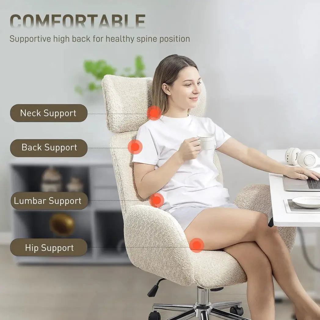 HOMCOM Office Chair with Adjustable Headrest, Spring Pack, Curved Line, Boucle Fabric - Pale Grey - from HOMCOM