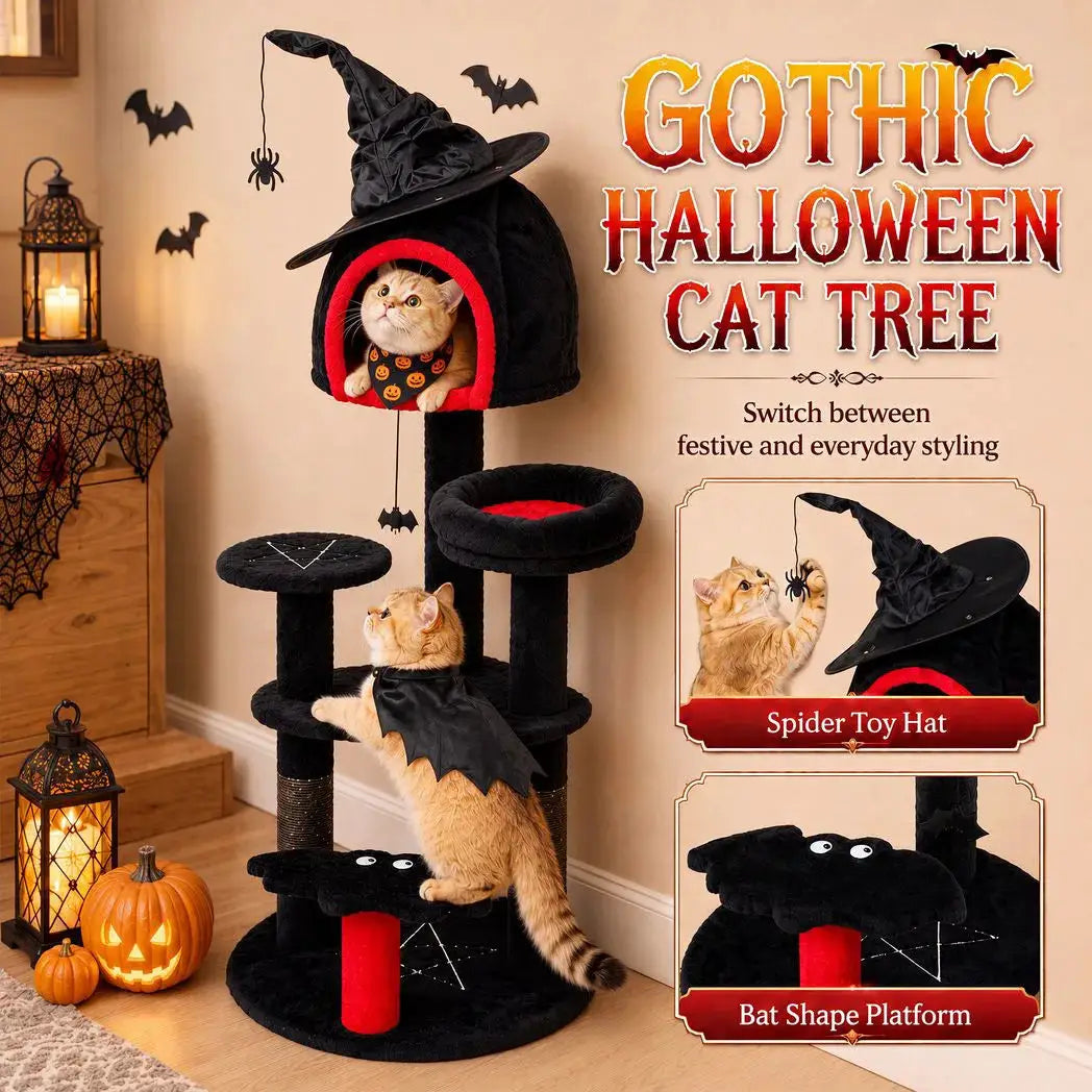 PawHut Gothic Cat Tree, 155cm Cat Tower for Indoor Kittens, Multi-Level Stable Kitten Activity Centre, Black, Halloween - from PawHut