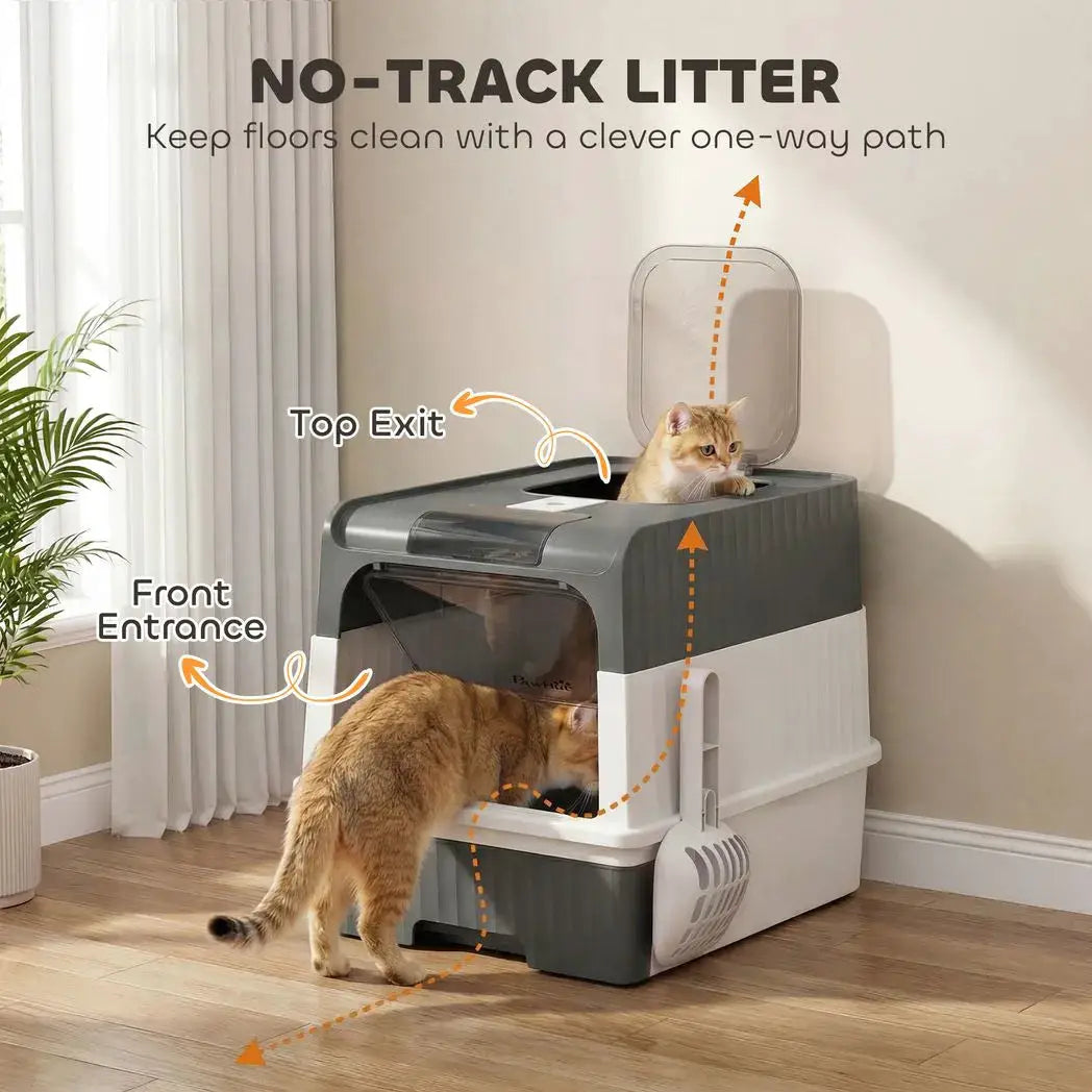 PawHut Enclosed Cat Litter Box with Lid, Pull-Out Drawer Tray, Scoop, 2 Deodorisation Bags, Front Entry & Top Exit, Grey - from PawHut