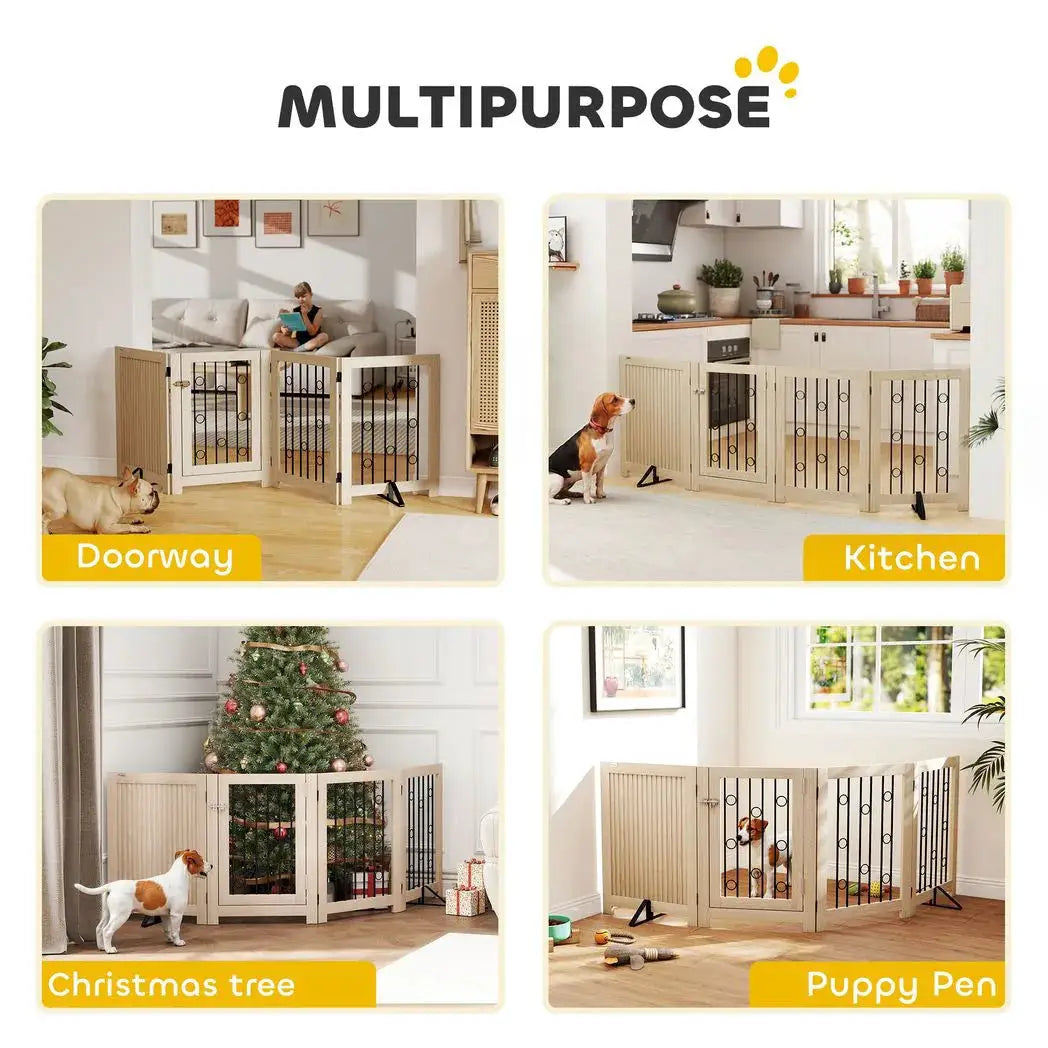 PawHut 4 Panel Freestanding Pet Gate, Indoor Dog Barrier with Lockable Door, Support Feet, 360° Flexible Hinges, Oak - from PawHut