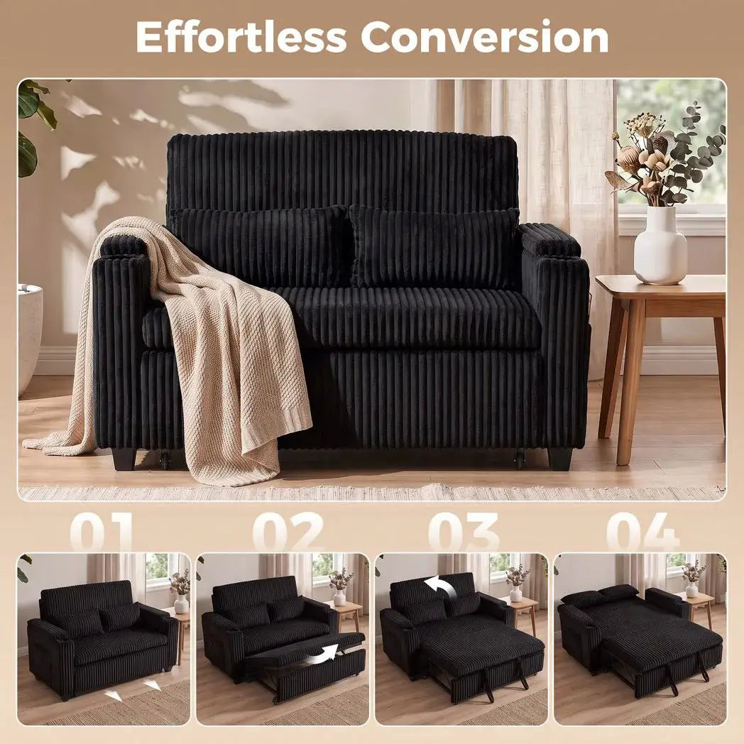 HOMCOM 2 Seater Sofa Bed, Pull Out Sleeper Sofa w/ Adjustable Backrest, Storage Armrests, Cup Holders, Side Pockets, Black - from HOMCOM