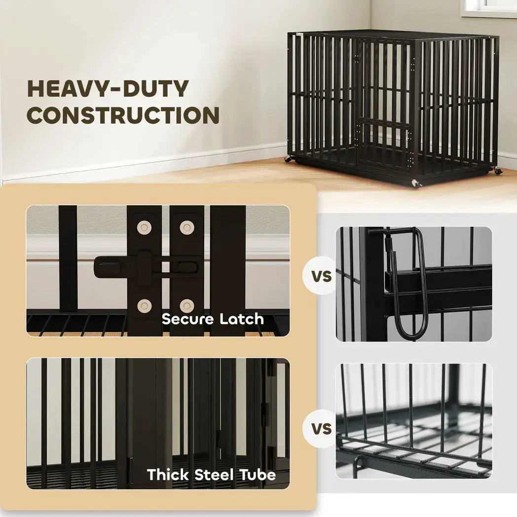 PawHut Heavy Duty Dog Crate, Dog Cage with Wheels for Medium Large Breeds, Metal Pet Kennel with Removable Tray - from PawHut