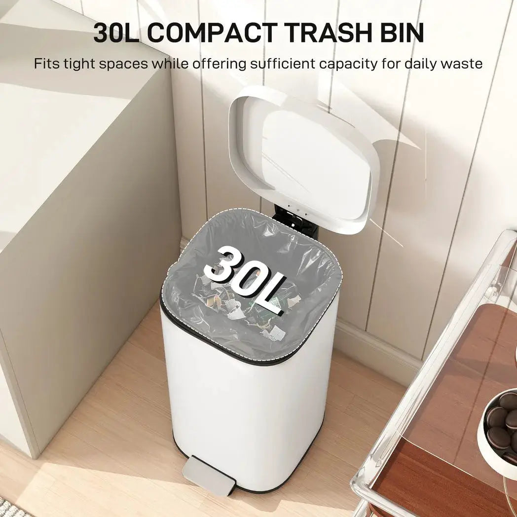 HOMCOM 30L Kitchen Bin, Compact Pedal Bin with Soft-Close and Stay-Open Lid, Removable Bucket for Kitchen, Home, Office, Cream - from HOMCOM