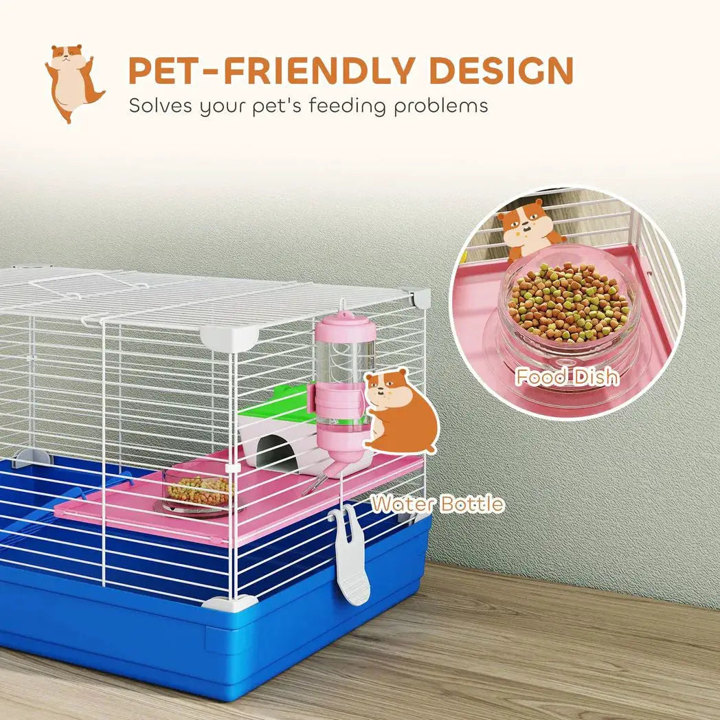 PawHut Hamster Cage, Small Gerbil Cage 2 Tiers Portable w/ Handle, Exercise Wheel, Water Bottle, Dishes, Blue - from PawHut