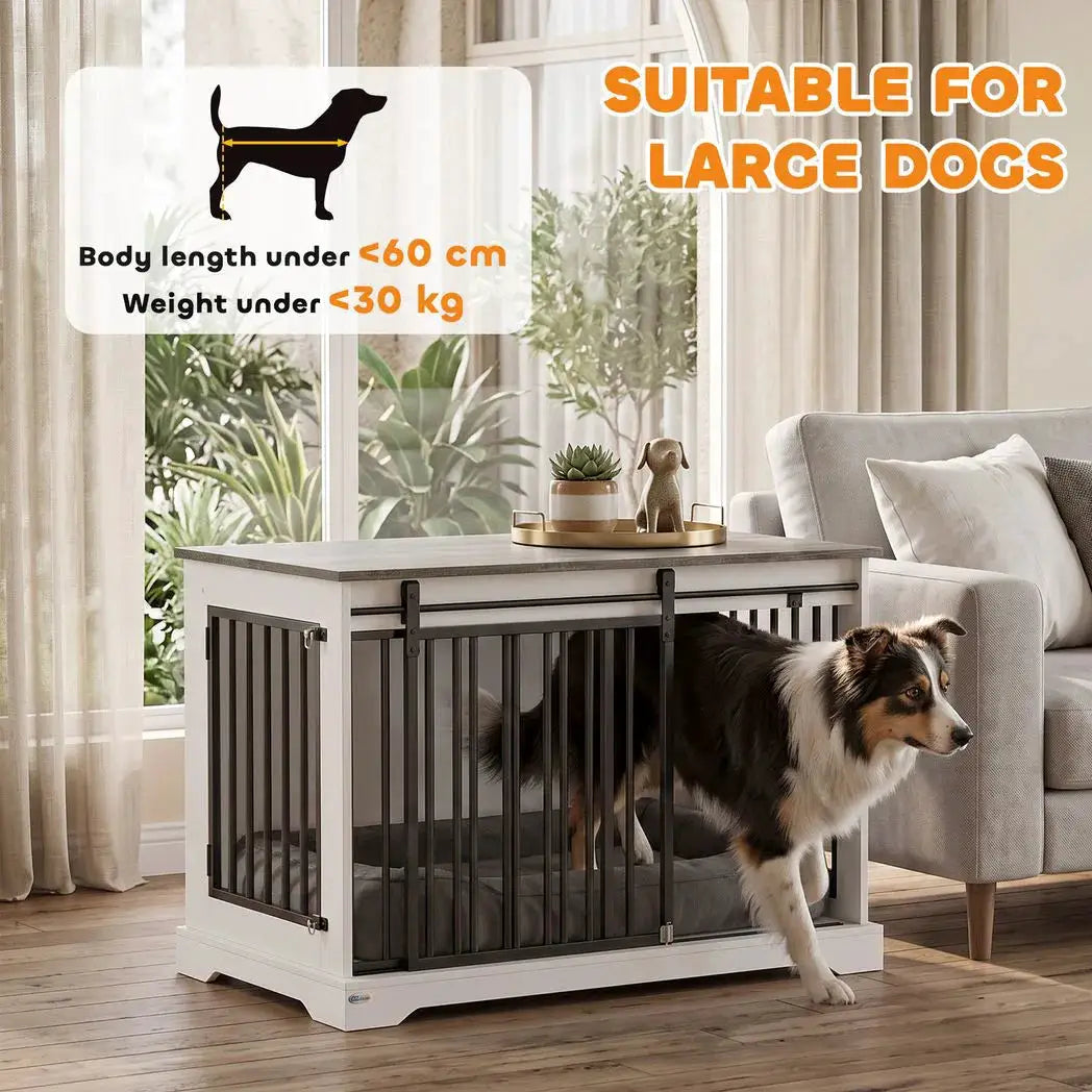 PawHut 100 cm Large Dog Crate Furniture with Sliding Barn Door for Large Dogs, White - from PawHut