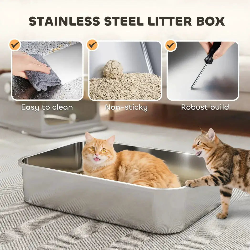 PawHut XXL Stainless Steel Cat Litter Tray, Enclosed Cat Litter Box with 90° Flip Cover, Double Doors, Scoop, Easy Clean, Grey - from PawHut