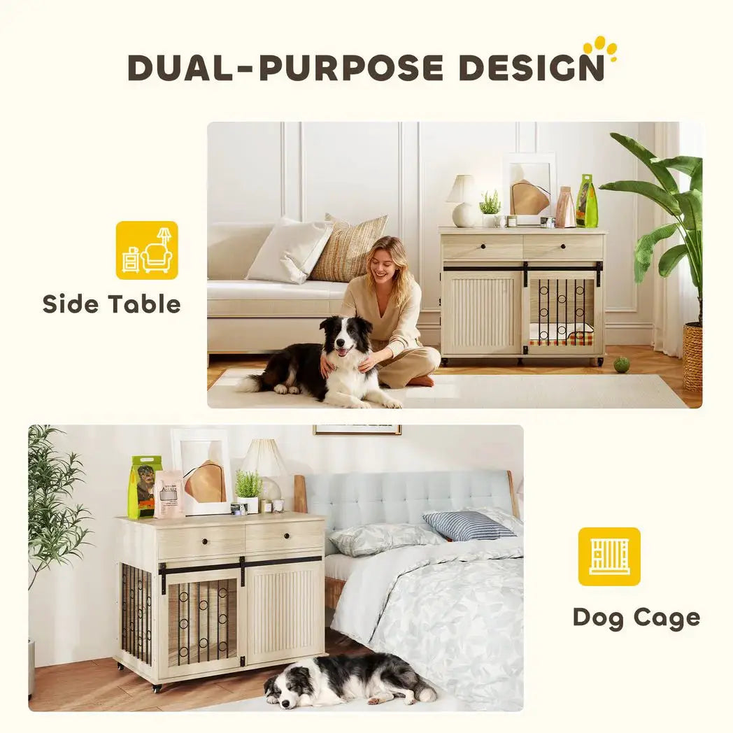 PawHut Dog Crate Furniture on Wheels, Dog Cage with 2 Drawers, Sliding Door, for Medium Large Dogs, Oak Tone - from PawHut