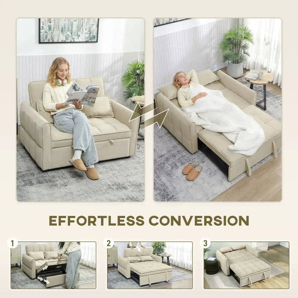 HOMCOM 2 Seater Sofa Bed, 3-in-1 Convertible Sleeper Sofa with Click-clack Adjustable Backrest and 2 Pillows, Light Brown - from HOMCOM