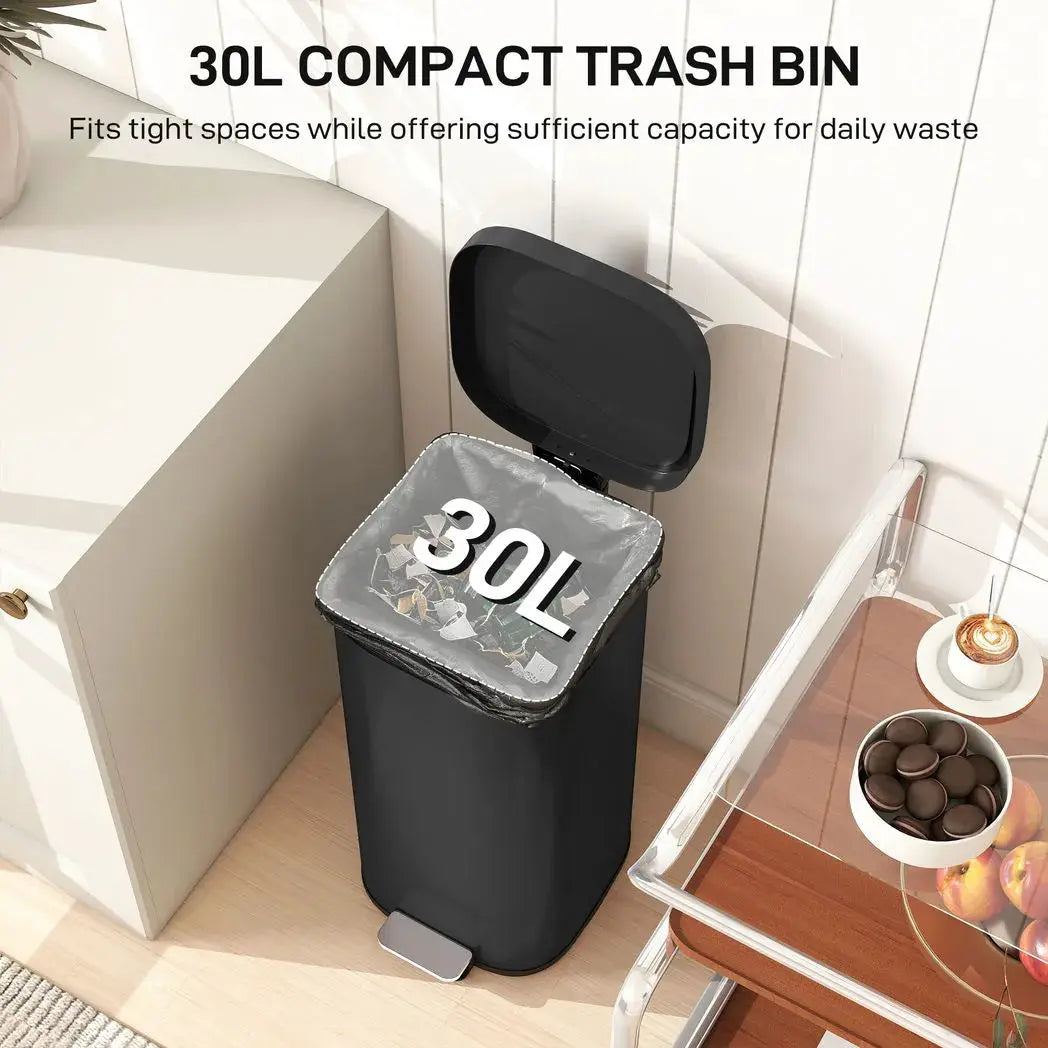 HOMCOM 30L Kitchen Bin, Compact Pedal Bin with Soft-Close and Stay-Open Lid, Removable Bucket for Kitchen, Home, Office, Black - from HOMCOM