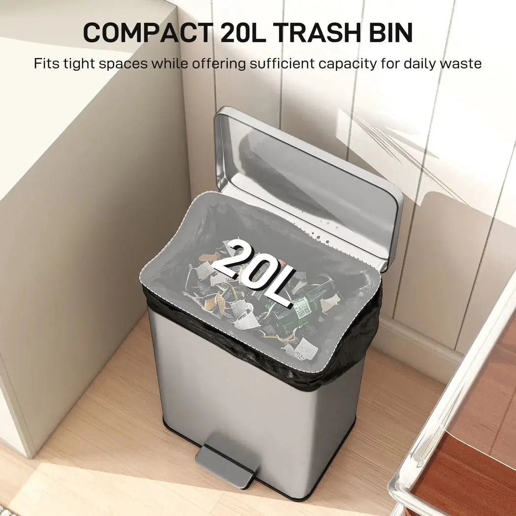 HOMCOM 20L Kitchen Bin with Soft-Close Lid and Stay-Open Function, Stainless Steel Pedal Bin with Removable Inner Bucket for Kitchen, Office, Home, Silver Tone - from HOMCOM