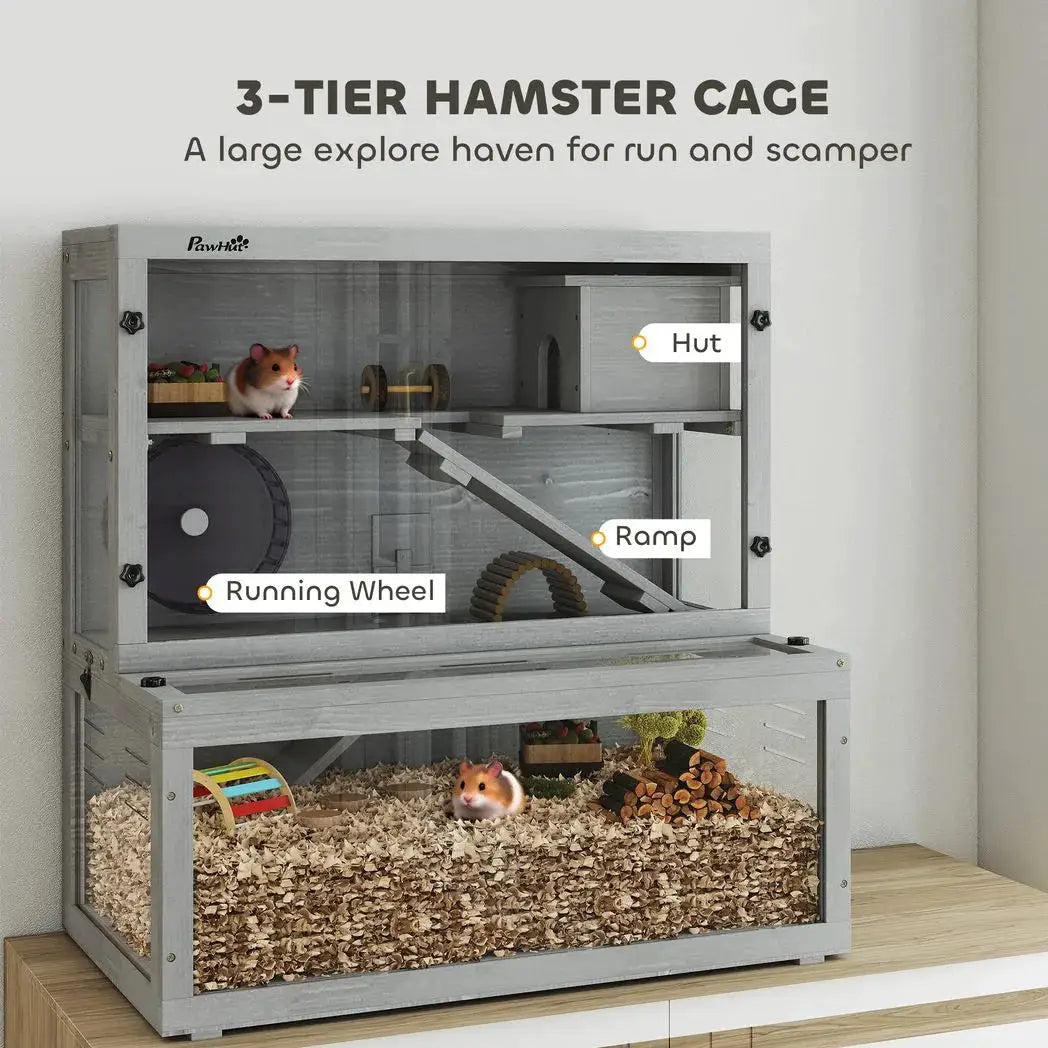 PawHut Wooden Hamster Cage with Hut, Wheel, Ramps, Removable Viewing Panels, 80 x 50 x 84 cm, Grey - from PawHut