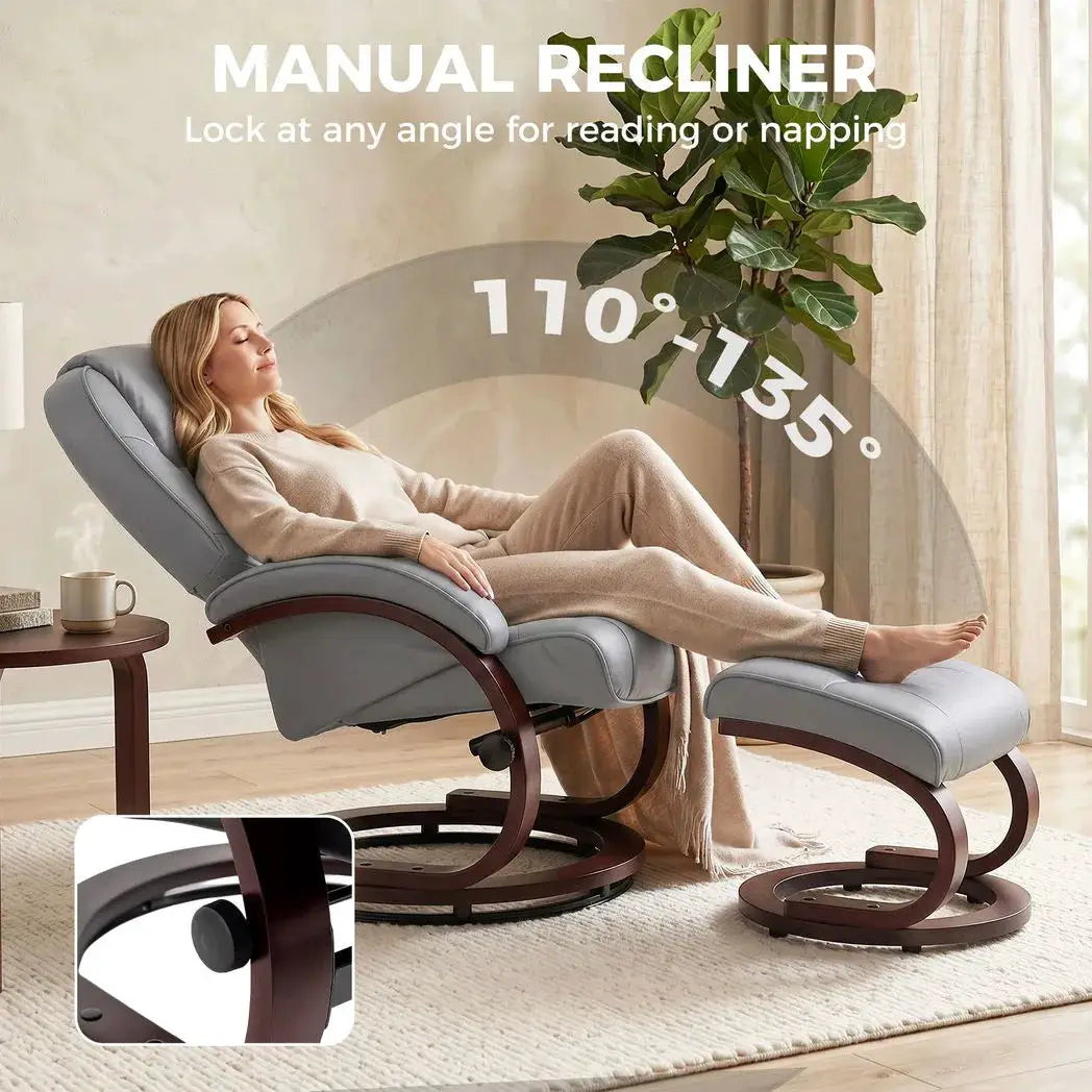HOMCOM Swivel Recliner Chair with Footstool, PU Leather Recliner Armchair with Adjustable Back and Wood Frame, Grey - from HOMCOM