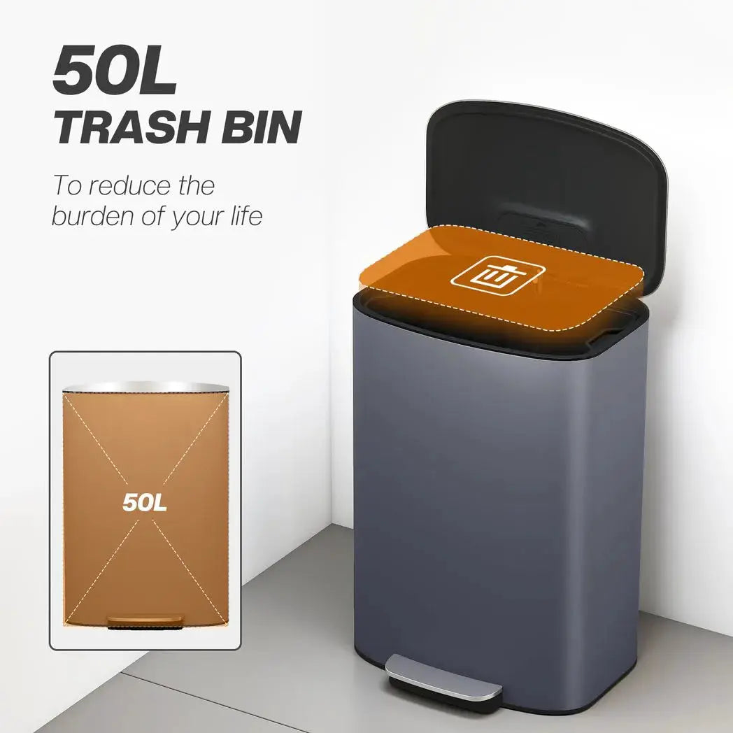 HOMCOM 50L Kitchen Bin with Soft-Close Lid and Stay-Open Function, Stainless Steel Pedal Bin with Removable Inner Bucket, Carry Handle for Kitchen, Office, Home, Grey - from HOMCOM