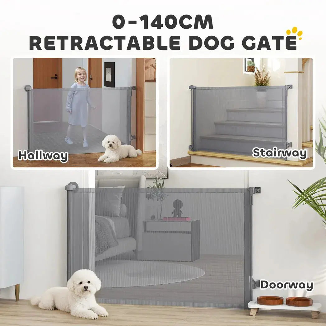 PawHut Retractable Dog Gate, Extends to 140 cm Wide & 93 cm Tall, Mesh Pet Gate with Single Hand Operation, for Stairs Doorways - from PawHut