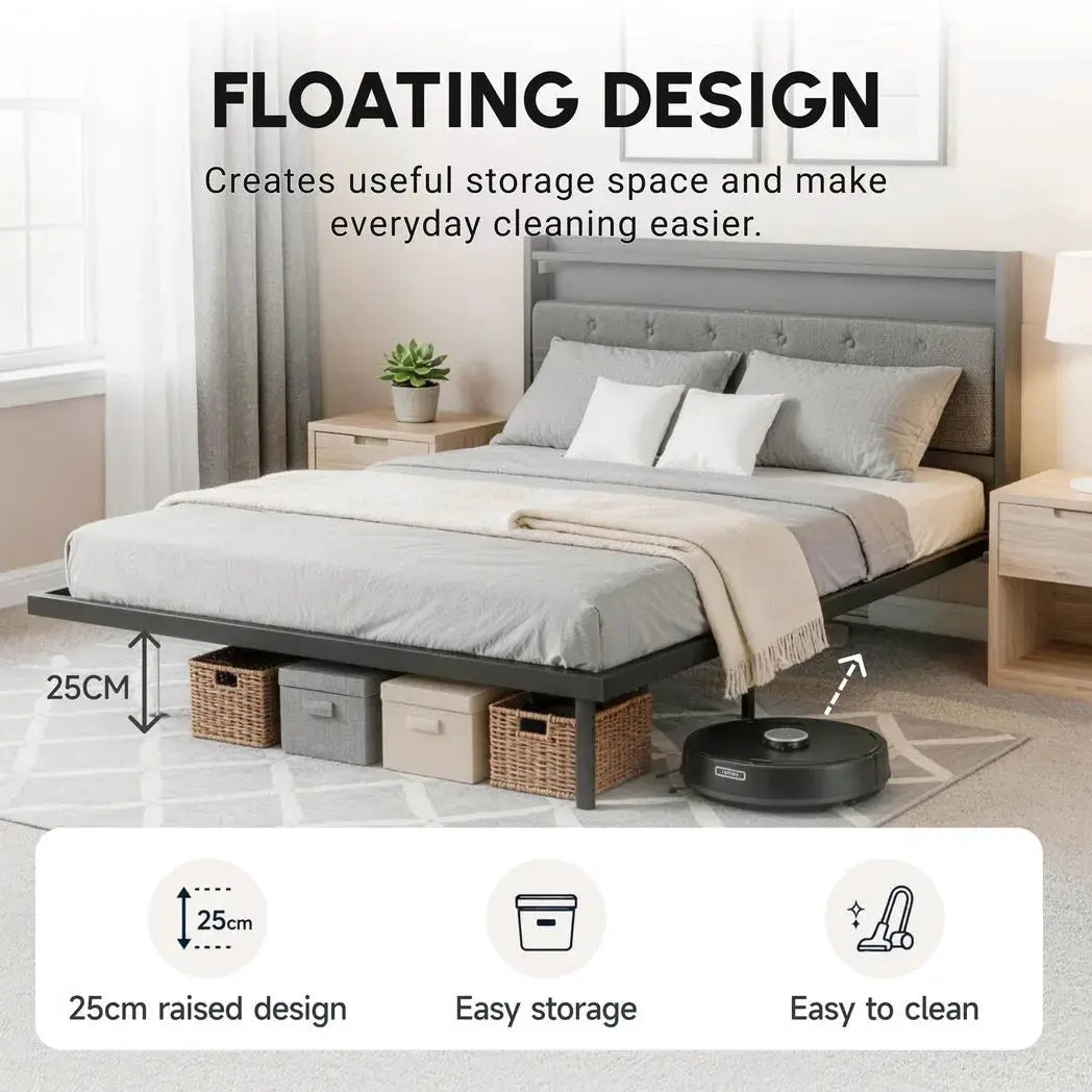 HOMCOM Floating Bed Frame, Upholstered 5ft King Size Bed, Platform Bed with RGB LED Lights and Charging Station, Grey - from HOMCOM