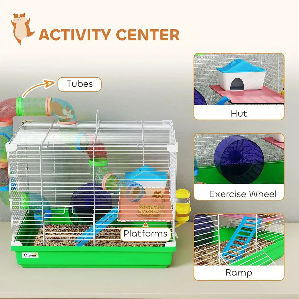 PawHut 2 Tier Hamster Cage, Gerbil Cage with Handle, Exercise Wheels, Tunnel, Water Bottle, Dishes, Ladder, for Dwarf - from PawHut