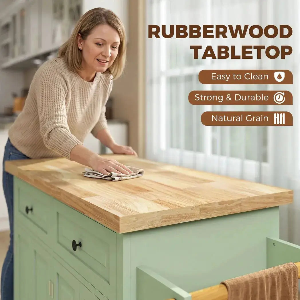 HOMCOM Rolling Kitchen Island Storage Trolley with Rubber Wood Top & Drawers for Dining Room, Light Green - from HOMCOM