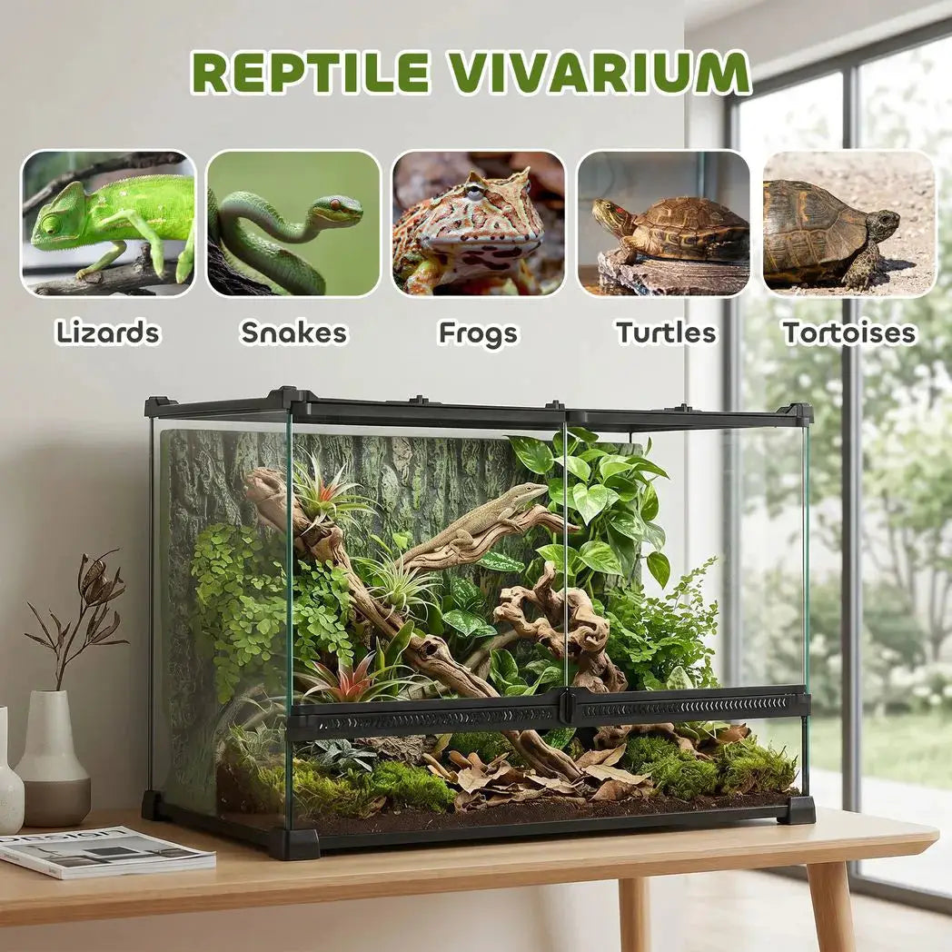 PawHut Reptile Glass Terrarium with Stone Background, Front Ventilation, Escape-Proof Knob Lock, 50 x 30 x 35 cm, Black - from PawHut