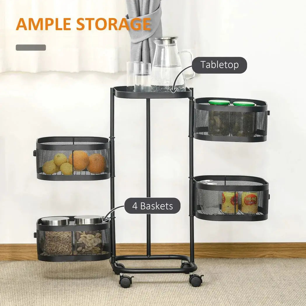 HOMCOM Metal Storage Cart, 4-Tier Storage Trolley on Wheels with 4 Mesh Baskets and Top Tray, Black - from HOMCOM