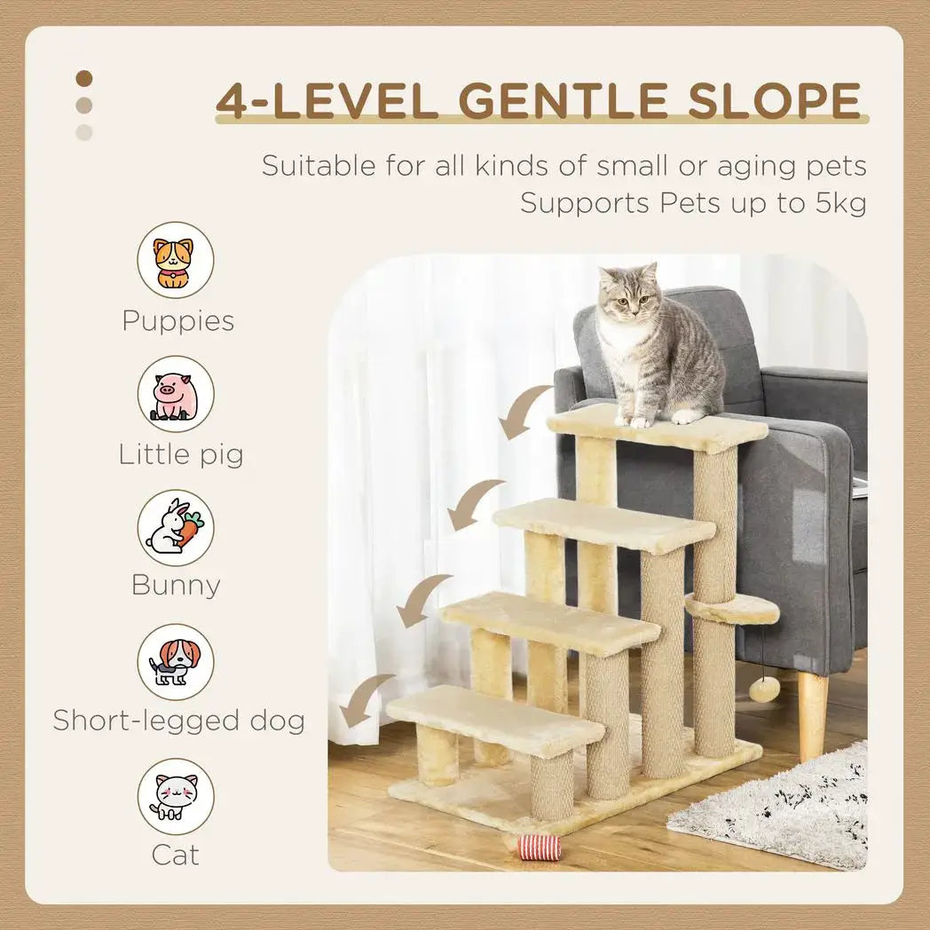 PawHut 4-step Pet Stairs with Scratching Posts, Platforms, Toy Ball, Beige - from PawHut