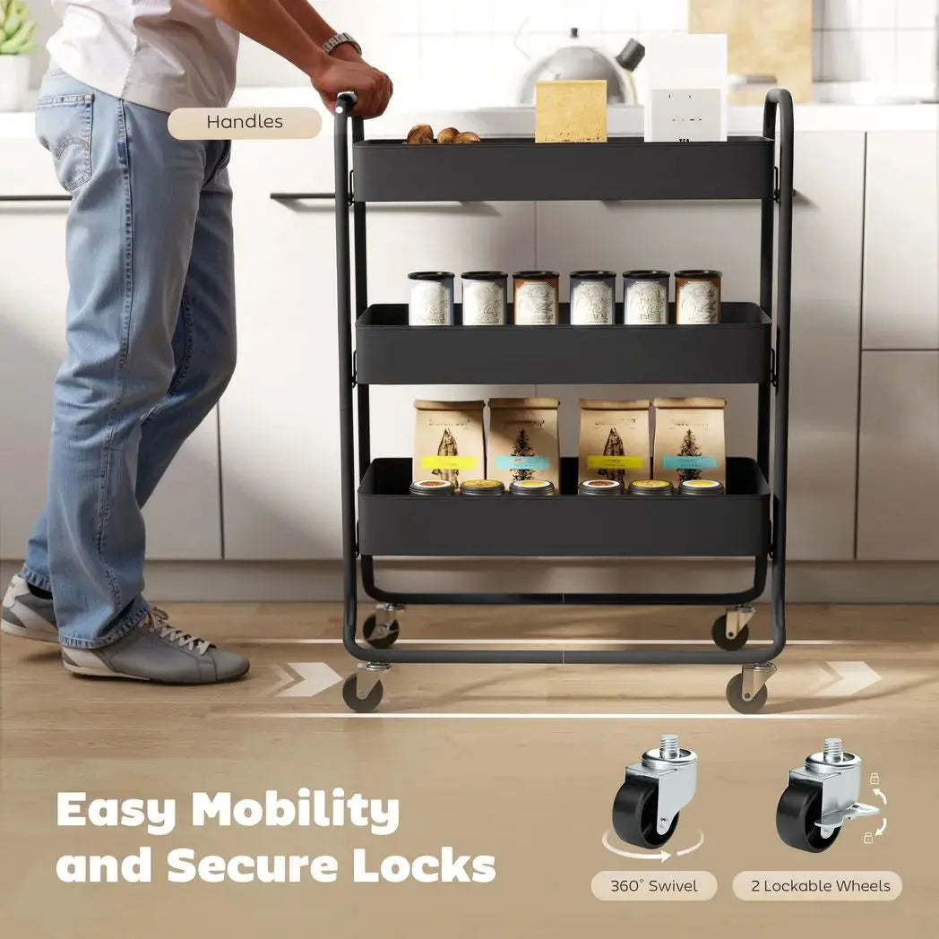HOMCOM 3-Tier Storage Trolley on Wheels, Rolling Utility Cart with Mesh Backets for Kitchen, Bathroom, Bedroom, Black - from HOMCOM