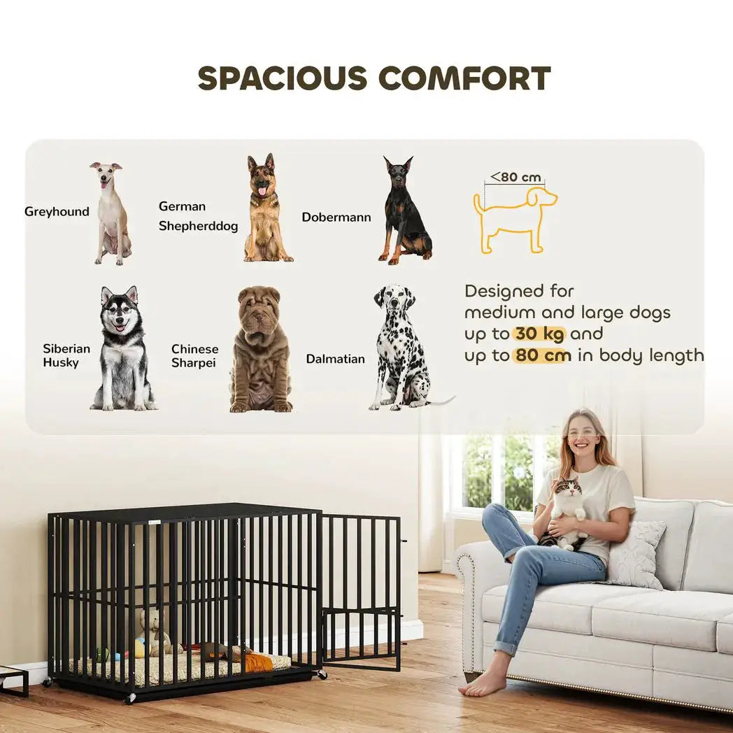 PawHut Heavy Duty Dog Crate, Dog Cage with Wheels for Medium Large Breeds, Metal Pet Kennel with Removable Tray - from PawHut