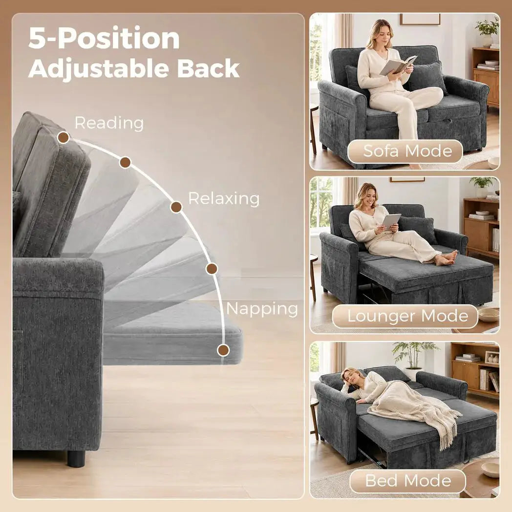 HOMCOM 2 Seater Sofa Bed 3-in-1 Convertible Chenille Pull Out Sleeper Sofa with 5-Position Adjustable Backrest, Grey - from HOMCOM