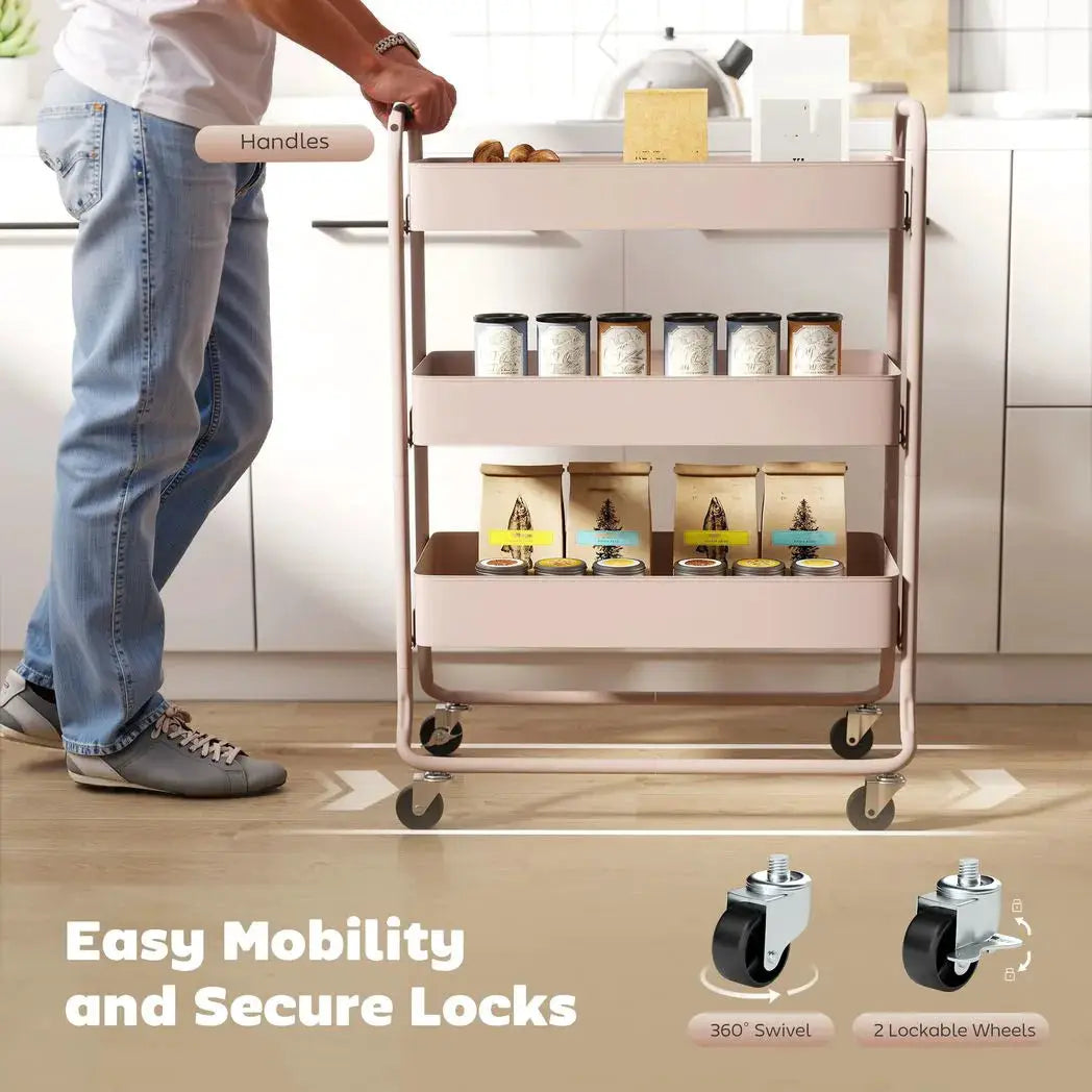 HOMCOM 3-Tier Storage Trolley on Wheels, Rolling Utility Cart with Mesh Backets for Kitchen, Bathroom, Bedroom, Light Pink - from HOMCOM