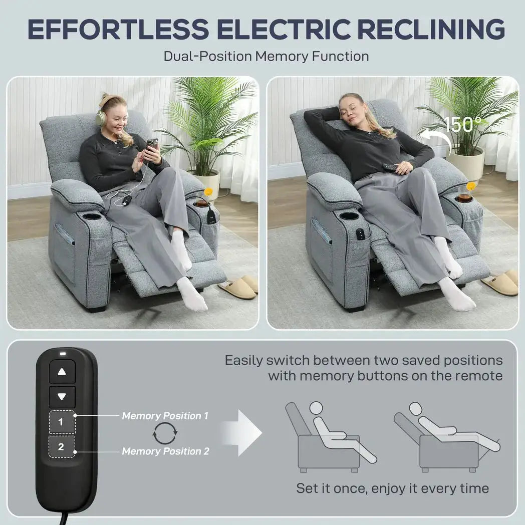 HOMCOM Electric Massage Recliner Armchair with Vibration, Heat, Whisper-Quiet Motor, Memory Function, Velvet Power Reclining Chair with Spring Pack, USB Port, Footrest, Side Pockets, Cup Holders, Grey - from HOMCOM