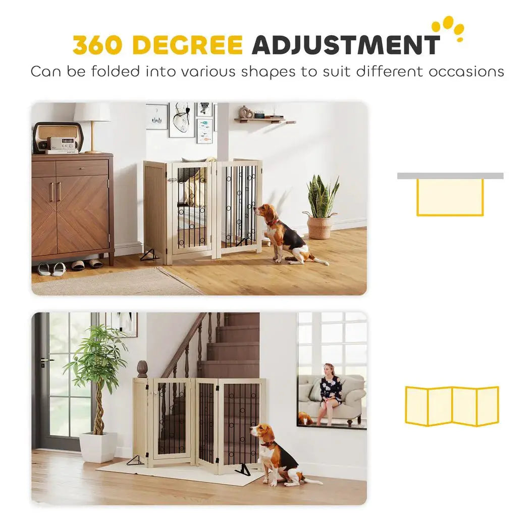PawHut 4 Panel Freestanding Pet Gate, Indoor Dog Barrier with Lockable Door, Support Feet, 360° Flexible Hinges, Oak - from PawHut
