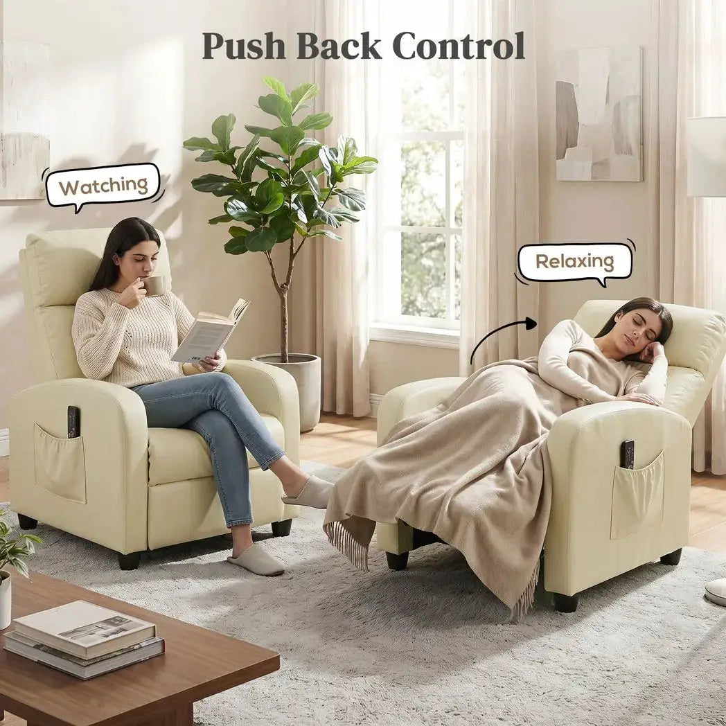 HOMCOM Recliner Armchair, Massage Faux Leather Push Back Reclining Chair with Adjustable Leg Rest, Side Pocket, Cream White - from HOMCOM