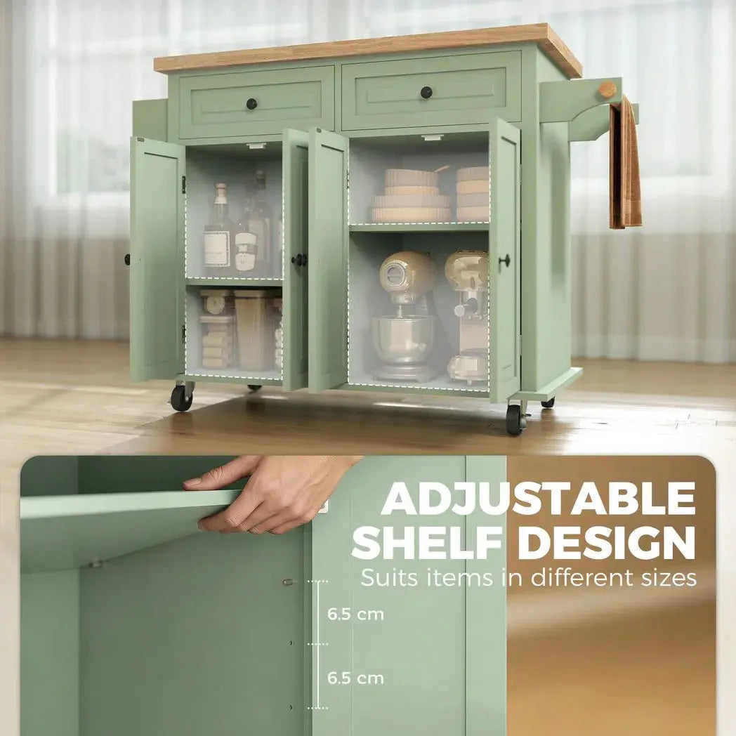 HOMCOM Rolling Kitchen Island Storage Trolley with Rubber Wood Top & Drawers for Dining Room, Light Green - from HOMCOM