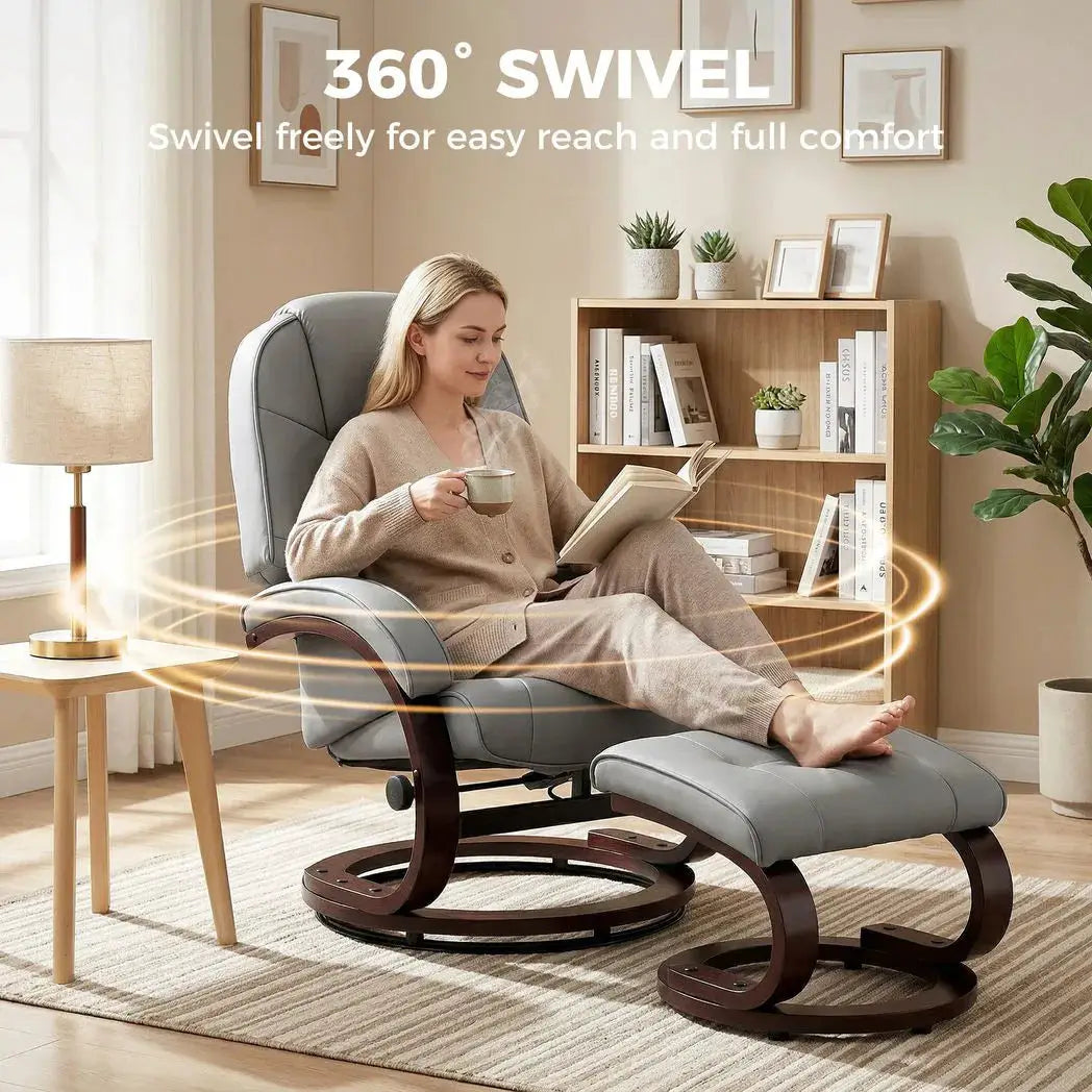 HOMCOM Swivel Recliner Chair with Footstool, PU Leather Recliner Armchair with Adjustable Back and Wood Frame, Grey - from HOMCOM