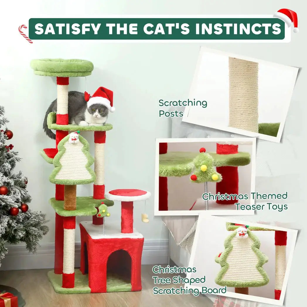 PawHut Cat Tree, 120cm Christmas Cat Tower with 3 Scratching Posts, Scratching Board, 2 Perches, Platforms, Toys, Green - from PawHut