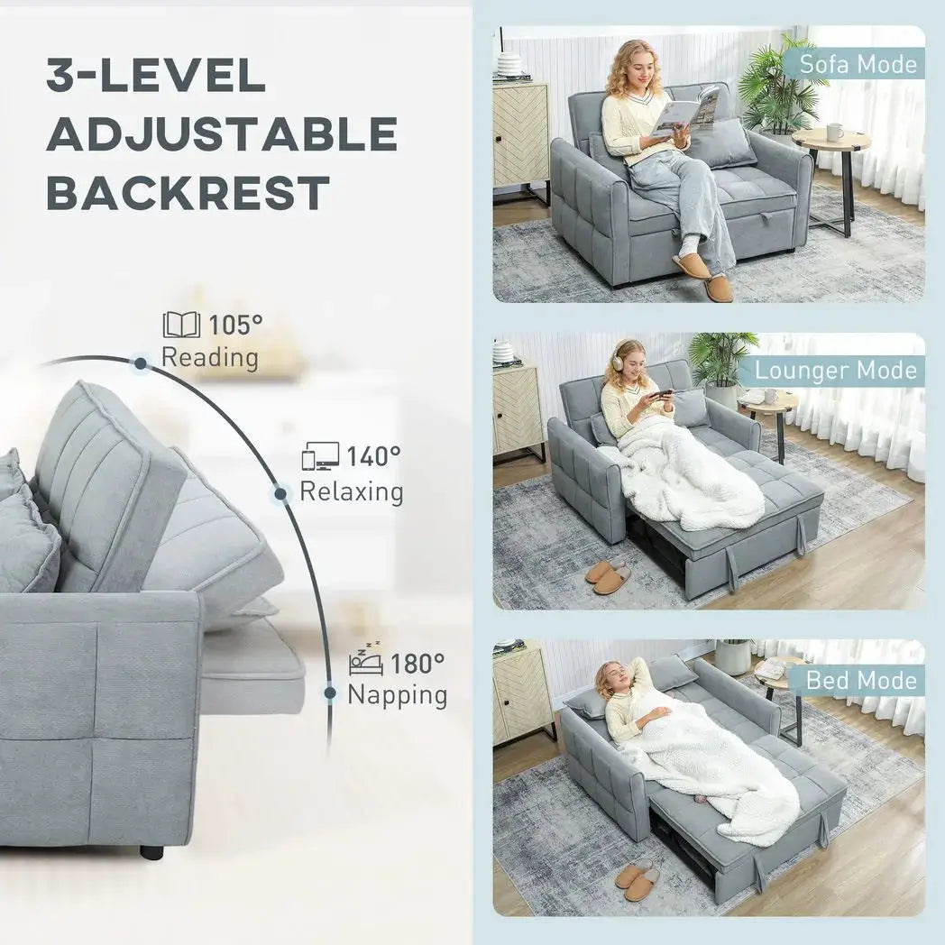 HOMCOM 2 Seater Sofa Bed, 3-in-1 Convertible Sleeper Sofa with Click-clack Adjustable Backrest and 2 Pillows, Grey - from HOMCOM