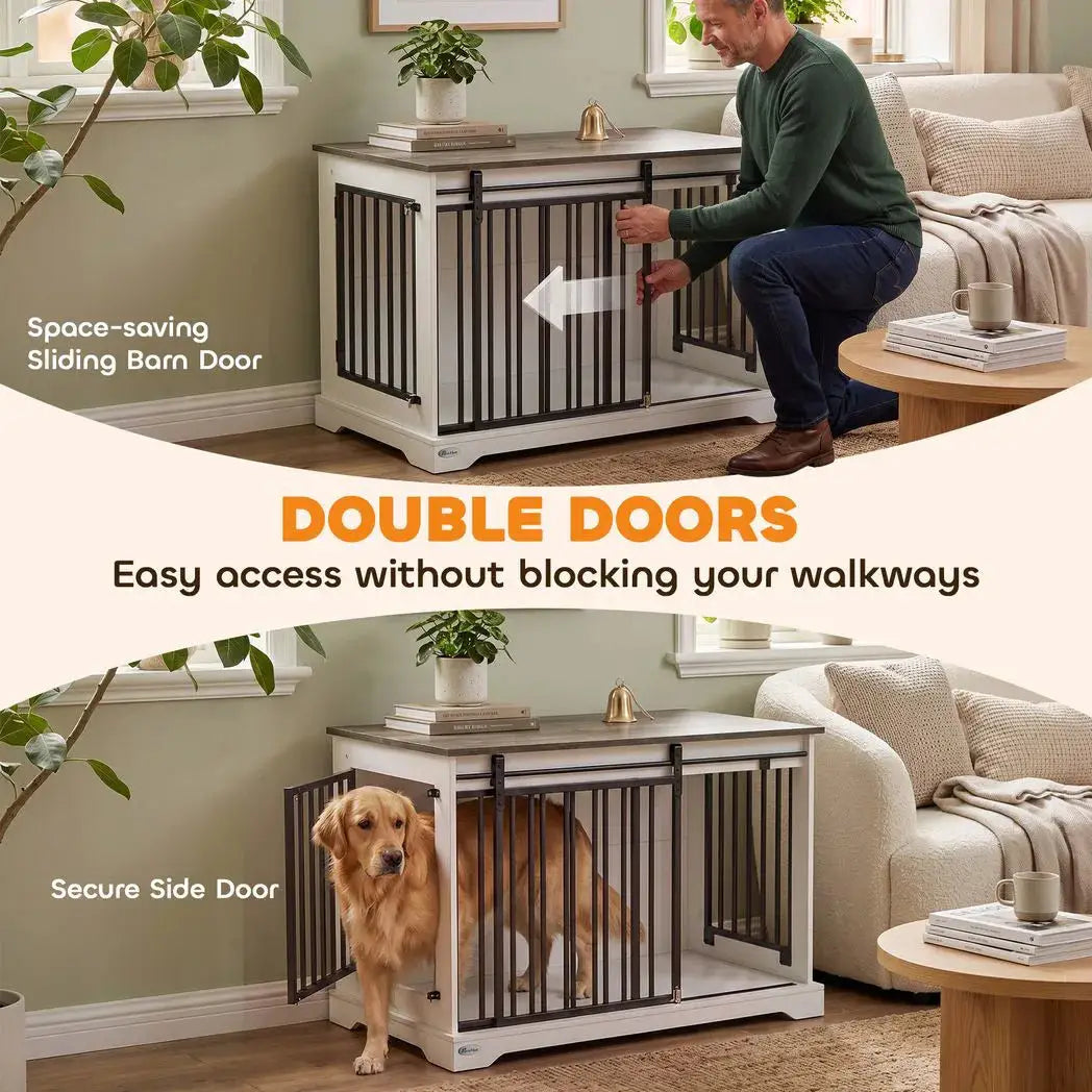PawHut 100 cm Large Dog Crate Furniture with Sliding Barn Door for Large Dogs, White - from PawHut