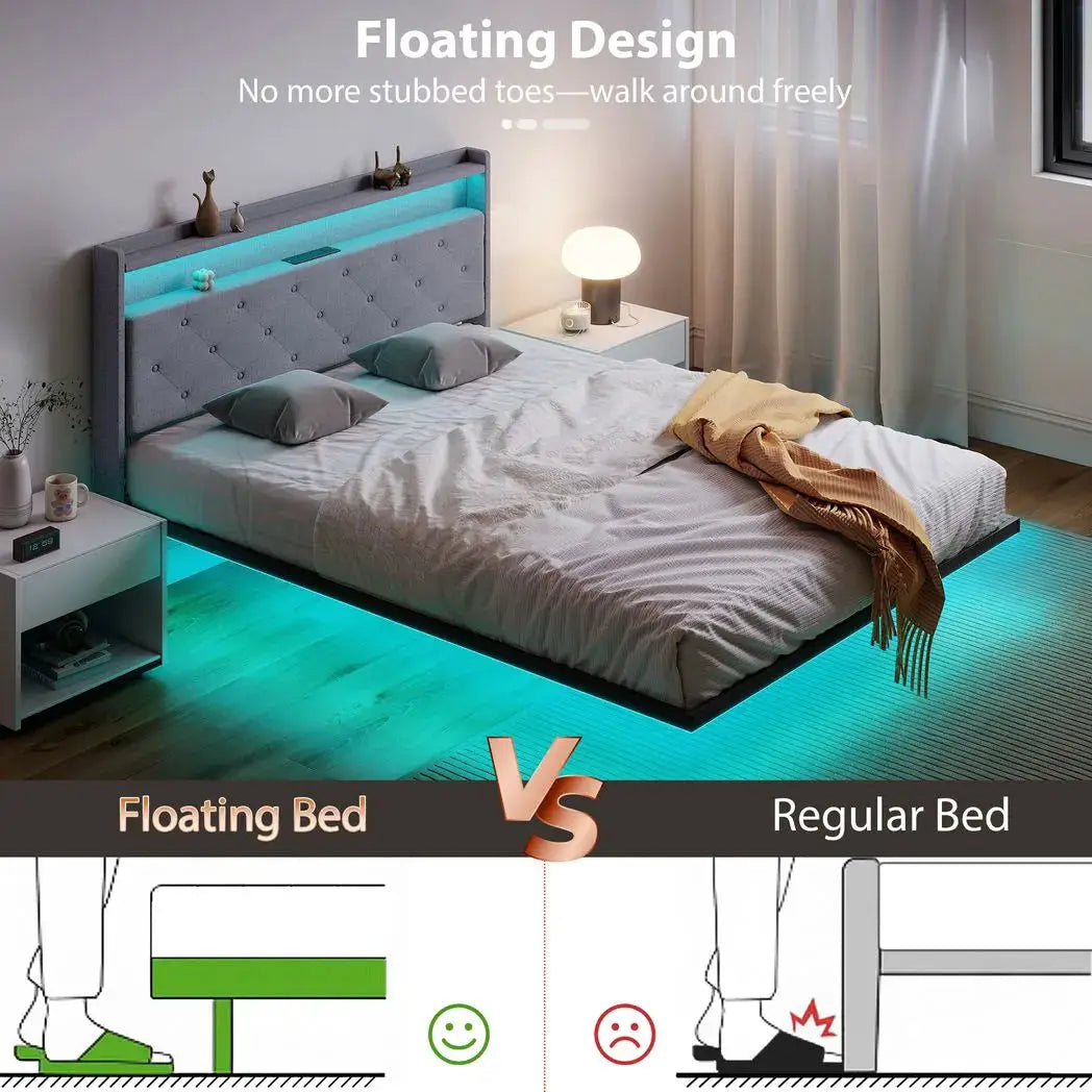 HOMCOM Floating Bed Frame, Upholstered 5ft King Size Bed, Platform Bed with RGB LED Lights and Charging Station, Grey - from HOMCOM