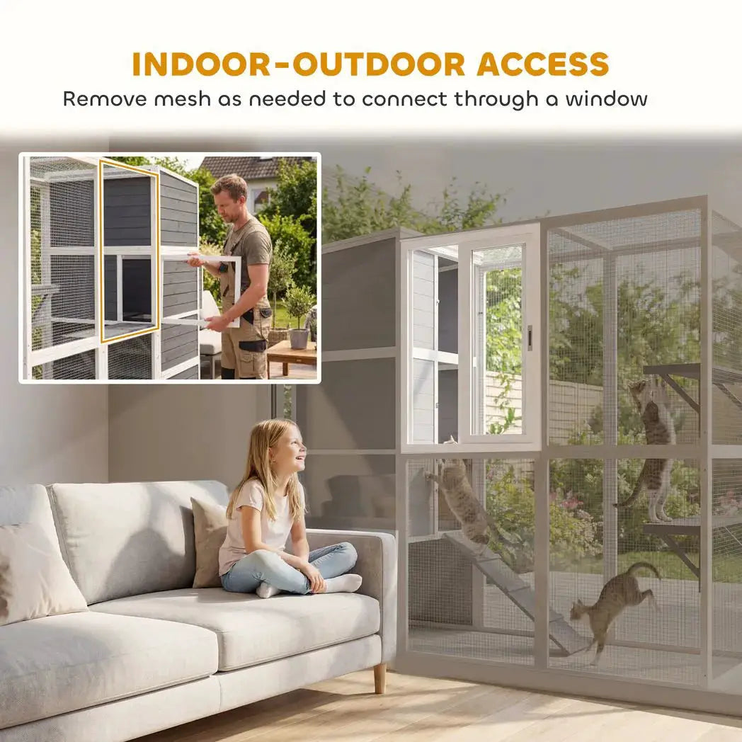PawHut 4-Tier Wooden Catio Cat Outdoor Enclosure with Sun Roof, Resting Rooms, 3 Platforms, Window Outdoor Indoor, Grey - from PawHut